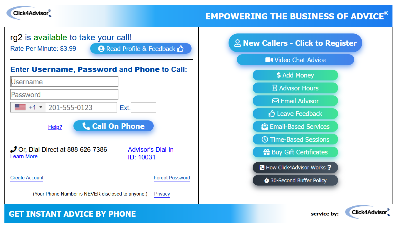 Click4Advisor Phone Service Pop-Up Page