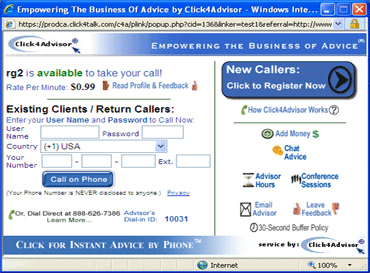 Click4Advisor Phone Service Pop-Up Page